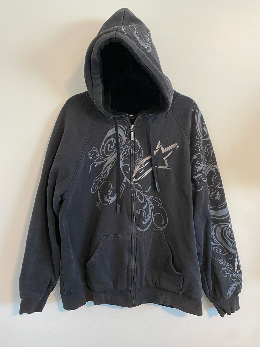 Vintage Y2K Alpinestars Black Zip-Up Hoodie Black And Grey Graphic Faux-fur line